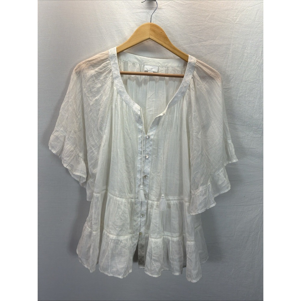 J. Jill Women's Size L White Embroidered Sheer Tunic Peasant Top Boho Tassel